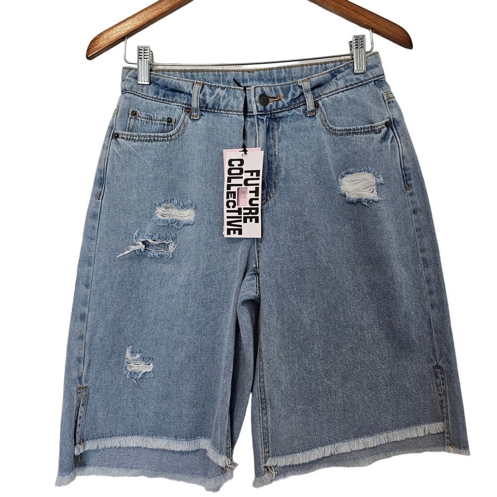 Future Collective Denim Shorts Womens Size 2 Medium Wash High Rise Distressed